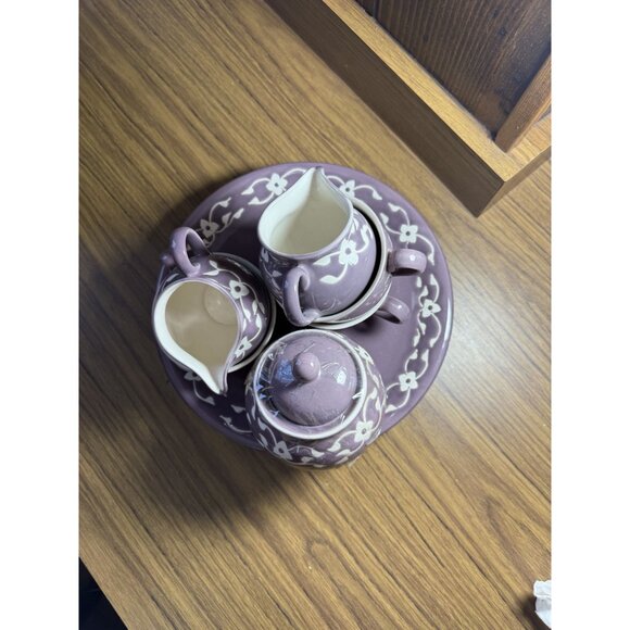 Vintage Jaliang Floral Ceramic Tea Set With Plates Creamer & Sugar Bowl Purple & - Picture 2 of 13